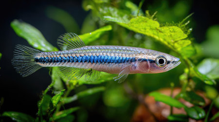 Close-up photograph of a small, brightly colored fish swimming in an aquarium. The fish's scales and fins are clearly visible, showcasing the vibrancy of its coloration.  The background features aquatic plants.の素材