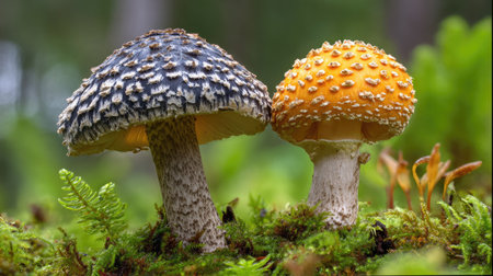 Two distinct mushrooms, one dark gray and one bright orange, are featured prominently in a close-up shot. They are positioned amidst a bed of lush green moss and other small plants. The focus is on the intricate textures and colors of the mushroom caps.の素材