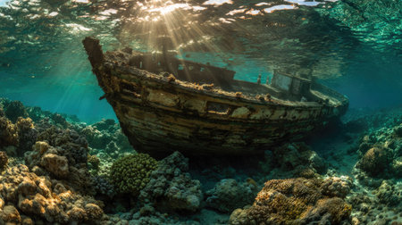 Underwater scene of a decaying ship resting amidst a vibrant coral reef ecosystem.  Sunlight streams down, illuminating the rusting wood of the shipwreck and the colorful corals. The scene displays a beautiful underwater ecosystem.の素材