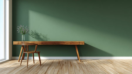 Minimalist, modern room with a light wooden desk and chair set against a sage green wall.  Natural light casts shadows on the wall and floor.  The room is empty apart from the desk and chair.の素材