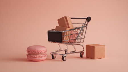 Small shopping cart filled with several cardboard boxes sits next to a single pink macaron on a light peach-colored  background. A small cardboard box sits next to the cart. The image is a still-life composition showcasing a simple, minimal style.の素材