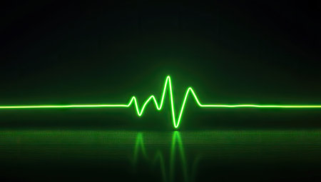 Bright lime green neon heartbeat graphic is displayed against a completely black background.  The graphic is reflected on a dark, textured surface below. The design is clean and simple, with a modern feel.の素材