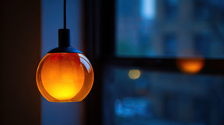 Close-up view of an orange glass pendant light fixture hanging against a blurred background of a city scene at night. The orange light from the globe is the primary focus, while the blurred cityscape outside provides a soft contrast.の素材