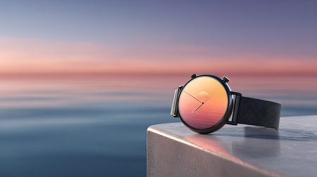 Close-up image of a modern wristwatch, angled to show its design, situated on a stone surface against the backdrop of a serene sunset over calm water.  The watch face displays a beautiful gradient image of a sunset reflecting on the water.の素材