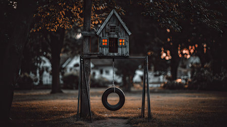 Charming wooden playhouse, situated high in a tree, is supported by a simple metal swing stand in a quiet backyard.  A tire swing dangles from the stand.  The scene is bathed in a soft, warm light, casting long shadows and highlighting the rustic details of the playhouse and the surrounding greenery.の素材
