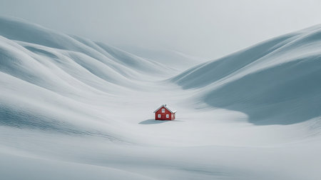 Solitary red house stands alone in a vast, snow-covered valley, with gently sloping hills of snow around it. The scene is serene and peaceful, evoking a sense of winter solitude and the beauty of nature.の素材