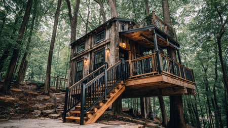 Charming wooden treehouse is situated amidst a dense forest, featuring wooden construction and a set of stairs leading up to a small porch. The surrounding environment is filled with lush greenery and mature trees.の素材