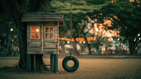 Rustic wooden playhouse stands on stilts beneath a large tree in a park. A tire swing hangs from a rope attached to a tire on the ground, while the background is slightly blurred with other park elements, trees, and soft lighting.の素材
