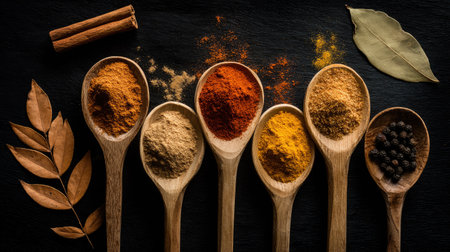 Assortment of colorful spices, including turmeric, paprika, ginger, cinnamon and peppercorns, presented in wooden spoons arranged on a dark surface. The image features dried leaves and cinnamon sticks as well.の素材