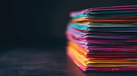 Close-up view of a tall stack of various colored papers or documents, neatly arranged, against a dark backdrop. The papers' colors are vibrant and create a striking visual contrast. The image emphasizes the layered structure and textures of the stack.の素材