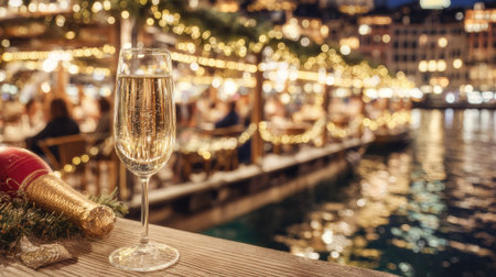 Champagne flute rests on a wooden surface, with an out-of-focus background of festive Christmas lights and boats on a body of water, reflecting the glow of the city lights at night.  A champagne bottle is nearby.の素材