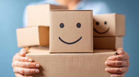 Close-up view of a person's hands holding a stack of cardboard boxes, each box decorated with a simple drawn happy face. The boxes are light brown cardboard, and the image suggests a positive and cheerful association with the act of receiving or shipping packages.の素材