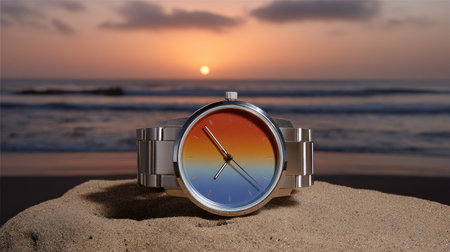 Wristwatch with a gradient of colors, orange to blue, rests on a sandy beach against a backdrop of a sunset over the ocean. The watch's metal band and case contrast with the sandy surface and the vibrant sky.の素材