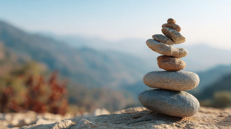 Stack of smooth stones of various colors and sizes carefully balanced on top of each other, positioned on a rock outcropping against a hazy background of mountains. The image evokes a sense of peace and tranquility.の素材