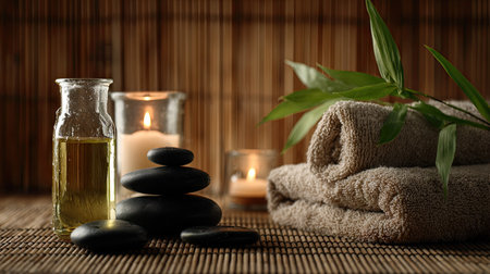 Still life arrangement featuring a bottle of essential oil, a stack of smooth dark stones, rolled-up towels, and candles, all on a natural woven surface, suggesting a spa or wellness setting.の素材