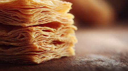 Close-up view of a stack of buttery, flaky pastry layers. The layers are tightly stacked and display a golden-brown color. The image focuses on the intricate texture and layering of the pastry.の素材