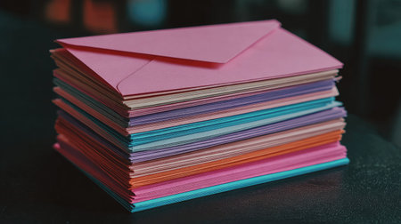 Stack of colorful envelopes of various hues is displayed on a dark surface.  The envelopes are stacked neatly and appear to be ready for use. The vibrant colors of the envelopes make a striking visual presentation.の素材