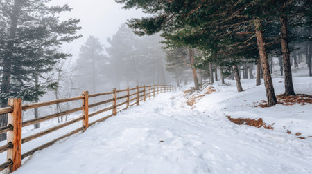 Snowy forest path, with a wooden fence running along the side, is winding through a misty landscape.  Tall pine trees line the path and are covered in a layer of snow. The scene is calm and peaceful.の素材
