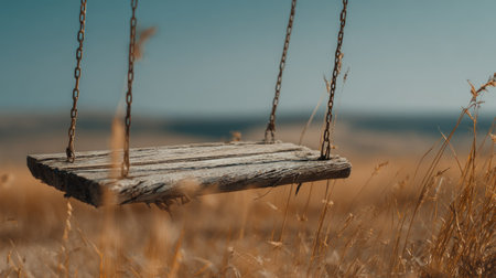 Weathered wooden swing hangs from rusty chains in a golden field. The focus is on the swing and the surrounding golden grasses, with a tranquil, nostalgic feeling.の素材