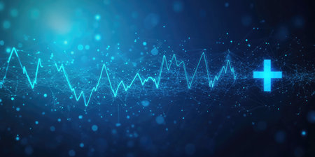Digital graphic design of a fluctuating waveform, represented by a network of lines and points in a dark blue background. A plus symbol is present within the graphical representation. The design evokes a sense of technology, health, or medical data analysis.の素材