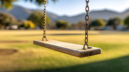 Wooden swing set, suspended from metal chains, with a blurred background of a park and grassy field, situated in a serene outdoor setting.の素材