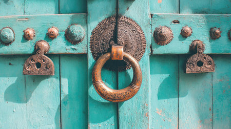 Close-up view of a teal colored wooden door with ornate metal hardware. The door's planks are visible, and various decorative elements, such as intricate metal latches and door handles, adorn the surface. The overall impression is of an aged, handcrafted door.の素材