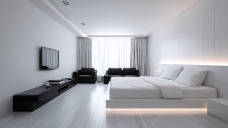 Contemporary bedroom interior showcasing a sleek and minimalist design.  The room features a white bed with a simple headboard, a black flat screen television on a matching wall-mounted console, and a black sofa in the adjoining living area.  Large windows allow natural light to fill the space.  The color palette is predominantly white and black, creating a visually appealing and calming atmosphere.の素材