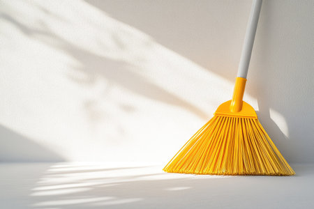 Bright yellow plastic broom leaning against a white wall, casting shadows on the floor.  The shadows are created by natural sunlight.の素材