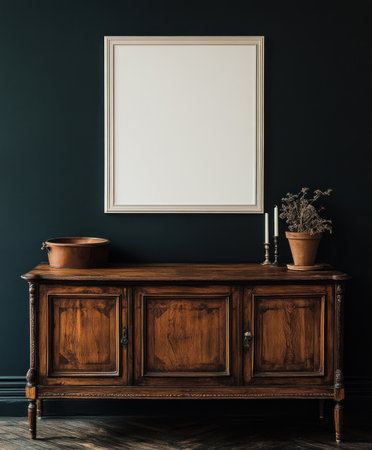 A sideboard with dark wood, an empty white poster frame above it, and a dark wall background. Photorealistic interior design photography in the style of a boho style. --ar 5:6 --v 6.1 Job ID: eaf934f9-b731-4edd-b450-95ef99949cfbの素材
