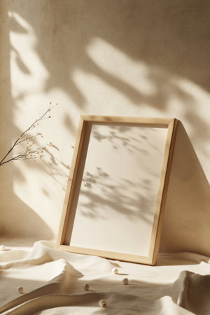A mockup of an empty wooden frame leaning against the wall in light beige tones, resting on a tablecloth with some scattered small white decorations and sunlight coming from the window casting soft shadows. The scene is set in a modern home interior, with the focus centered around the artwork, creating a clean and minimalist aesthetic. The room has neutral-colored walls and natural lighting that highlights the texture of the wood grain. There is no text or other elements present inside the picture frame. --ar 2:3 --v 6.1 Job ID: 8faf2765-7646-4584-aaa5-9d5b6eb16341の素材