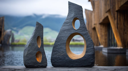 Two dark grey stone sculptures, each with two carved-out, circular openings. The openings are a light, warm-toned wood color.  The sculptures are positioned on a stone surface, in front of a water feature, and beyond that a wooden building with a rustic style.の素材