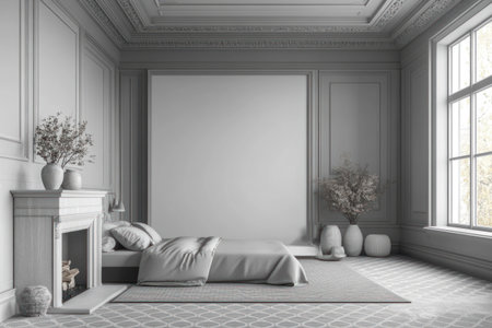 A bedroom with grey walls, a white ceiling and floor, and wooden floors with geometric patterns in a grey color. The room has an empty wall for mockups. There is also a fireplace on the left side of the bed, and some decorative items like vases or plants placed around it. A large window is located next to one corner of the room. In front of each end table stands a vase filled with dried flowers. This scene creates a cozy atmosphere. --ar 3:2 --v 6.1 Job ID: 5ded9e8c-5cc4-4664-8b6e-acbd515b76faの素材