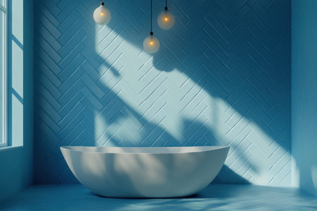 3D rendering of blue herringbone tiles on a wall in a bathroom with a freestanding bathtub and hanging pendant lights. Minimalist interior design concept. Bright room lighting, soft shadows, and a minimalistic aesthetic. Wide-angle lens, high resolution. --ar 3:2 --v 6.1 Job ID: f27bbe63-1739-4277-a064-f592edf454d4の素材