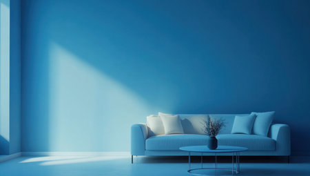 Photo of a blue wall with a light-colored sofa and coffee table, creating an airy atmosphere. Web banner with copy space on the right. --ar 53:30 --v 6.1 Job ID: 04533f48-d9aa-42b2-87d7-9acabfda8080の素材