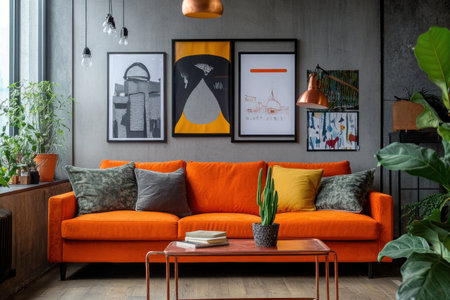 A living room with an orange sofa, black and white posters on the wall, colorful art prints, wooden floor, gray walls, a copper coffee table, a green plant in a pot, and warm lighting. --ar 3:2 --v 6.1 Job ID: 1924f6e0-f6ce-46a4-95e6-9ba095e91ed5の素材