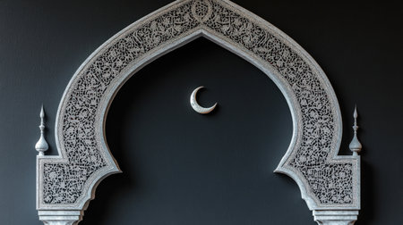 A mosque with an open door leading to the night sky, with a crescent moon and stars. The background is a dark gray color. A large Islamic arch frames the scene. --chaos 30 --ar 16:9 --v 6.1 Job ID: 6c17b005-8e87-482d-8ced-2ac785217d17の素材