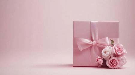 Photo of a pink gift box with a ribbon and roses on the right side, placed against a pastel background. Web banner with copy space in the top left corner. --chaos 30 --ar 16:9 --v 6.1 Job ID: a4b291af-1c55-427d-8acb-bde1cf143911の素材