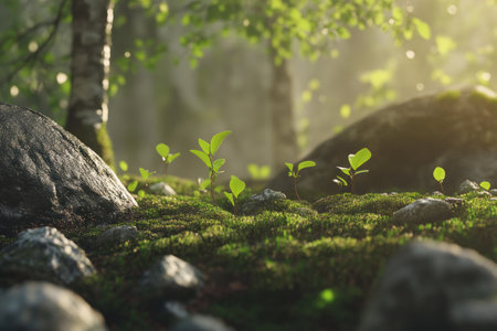 A close-up of small green leaves sprouting from the ground, surrounded by moss and rocks in an environment with soft sunlight filtering through the trees. The focus is on the delicate structure of each leaf, symbolizing new life or growth. --ar 3:2 --v 6.1 Job ID: 8ca5a285-2e10-4814-b188-e823223954c4の素材