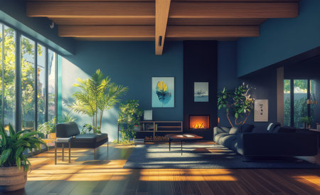 Photorealistic depiction of an open-plan living room with dark blue walls, wooden floor and ceiling beams, a modern fireplace in the background, a sleek black sofa and armchair, natural light from large windows, and greenery outside. Minimalist decor with decorative plants adding color to the space. --ar 49:30 --v 6.1 Job ID: 50997255-c419-42df-b427-b0cd8521640fの素材