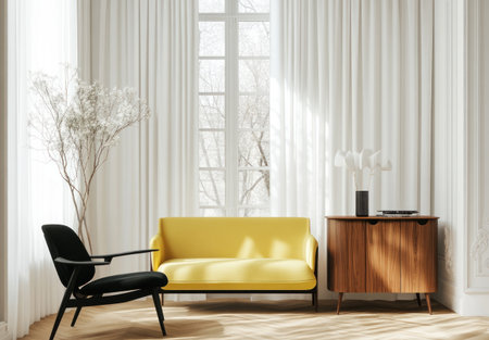 Scandinavian-style living room with a yellow sofa, wooden sideboard, and black armchair on a light parquet floor near a window with white curtains. Minimalist interior design of a modern home entryway. Realistic render illustration, a high-resolution stock photo, highly detailed, high definition, and sharp focus. --ar 43:30 --v 6.1 Job ID: 33f9bea2-013e-49b1-b83b-b49834240769の素材