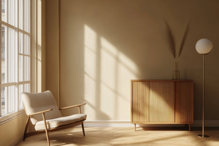 A modern living room with wooden furniture and light brown walls, featuring an empty wall mockup. The space is illuminated by natural daylight through the window on one side of the frame. A minimalist Scandinavian-style lounge chair sits at one end near the cabinet, adding depth to the scene. An elegant floor lamp casts soft shadows across the smooth parquet flooring. This is a high-quality, detailed image that captures the essence of contemporary home decor. --ar 3:2 --v 6.1 Job ID: 67ee0679-8a83-4657-875a-2183ebfa9057の素材