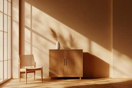 A modern minimalist interior with light brown walls, a parquet floor, and a wooden cabinet in the center of the room. Bright daylight illuminates the space, creating an atmosphere of calmness and tranquility. A chair stands next to the cabinet, while lamps cast soft shadows on the wall. The composition is centered around the cabinet, showcasing its design details. This scene exudes simplicity and elegance through minimalistic decor elements, making for a visually appealing setting. --ar 3:2 --v 6.1 Job ID: faca8bfa-3adf-4edf-8a2d-2785db38c13fの素材