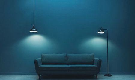 Modern interior design with a sofa and armchair against a dark blue wall background, minimalist home decor. Mockup for artwork or product presentation. Minimalist living room in a grey color. --ar 5:3 --v 6.1 Job ID: b71d5b63-4191-47a2-95b9-e01011375bf2の素材