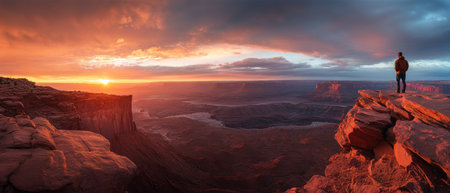 A man stands atop a mountain, overlooking the vast valley below at dawn. The panoramic view is captured with a Sony A7R IV camera, in high resolution and a wide-angle lens, resulting in hyper-realistic photography with a perfect composition, following the rule of thirds, and cinematic lighting. --ar 7:3 --v 6.1 Job ID: 6c1dc3f3-e6f1-45a1-9bef-431fb2d5adc6の素材