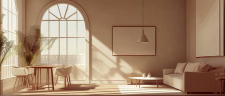 A modern living room with beige walls, a white ceiling and floor, a large arched window on the left wall, a dining table in front of an arch at one end, a sofa against it, an armchair near it, and a pendant light above a coffee table on the right side. Minimalist interior design concept. --ar 7:3 --v 6.1 Job ID: ea56d32d-cd32-4caa-9835-1bf33bd27644の素材