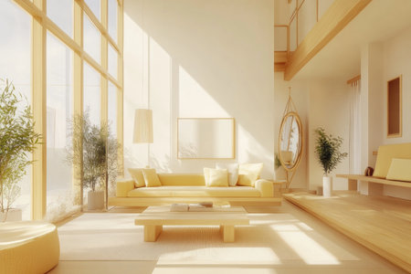 A bright living room with wooden furniture, a light yellow sofa and coffee table, white walls, large windows, plants on the side, a hanging mirror, and a warm lighting atmosphere with a natural color tone. The style is minimalist, with simple decoration and a modern interior design. This is a professional, high-resolution photograph. --ar 3:2 --v 6.1 Job ID: 5858a68c-ce8d-49b6-9f1c-037fcec3ce70の素材