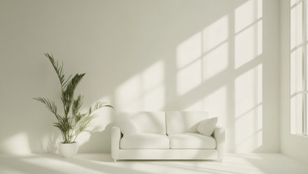 White living room interior mockup with a sofa, armchair, and potted plant on a white wall background. Minimalist home decor concept with copy space. High-quality photo. --ar 53:30 --v 6.1 Job ID: 0677a49c-d56e-4779-b7d9-4b697be25362の素材