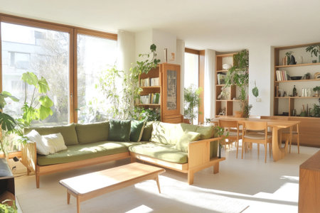 A bright, airy living room with wooden furniture and green accents. The walls and floor are white, and there are plants on the shelves. A sofa with cushions and an armchair are positioned near a dining table, captured in a wide-angle shot. --ar 3:2 --v 6.1 Job ID: db38502f-b4ac-4f56-b394-3d3cb3774a6fの素材