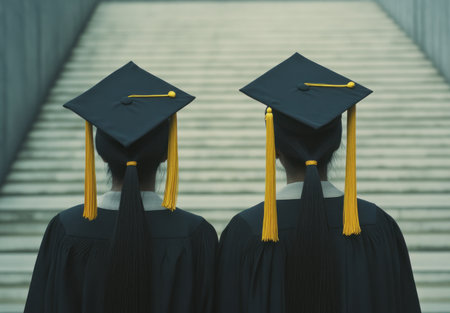 A close-up of the back view of two people wearing black gowns and yellow tassels on their heads, standing in front of an empty wall at a graduation ceremony. The background is blurred with light tones. A panoramic composition captures both individuals from behind as they face each other. This photo was taken using a Canon EOS R5 camera. --ar 22:15 --v 6.1 Job ID: 3cceb967-e56f-4b3b-b363-a1b90422db6cの素材