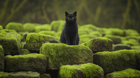 Black cat sits serenely on top of a cluster of large, moss-covered rocks, set against a blurry background of a misty forest. The rocks are a dark gray-brown color, and the moss is a vibrant, fresh green, providing a striking contrast to the cat's dark fur. The cat's eyes are sharply focused on the viewer.の素材